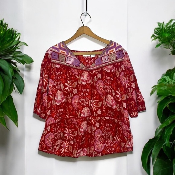 RACHEL ZOE Embroidered Boho Floral V Neck Valentines Day Peasant Babydoll Blouse - Picture 8 of 9